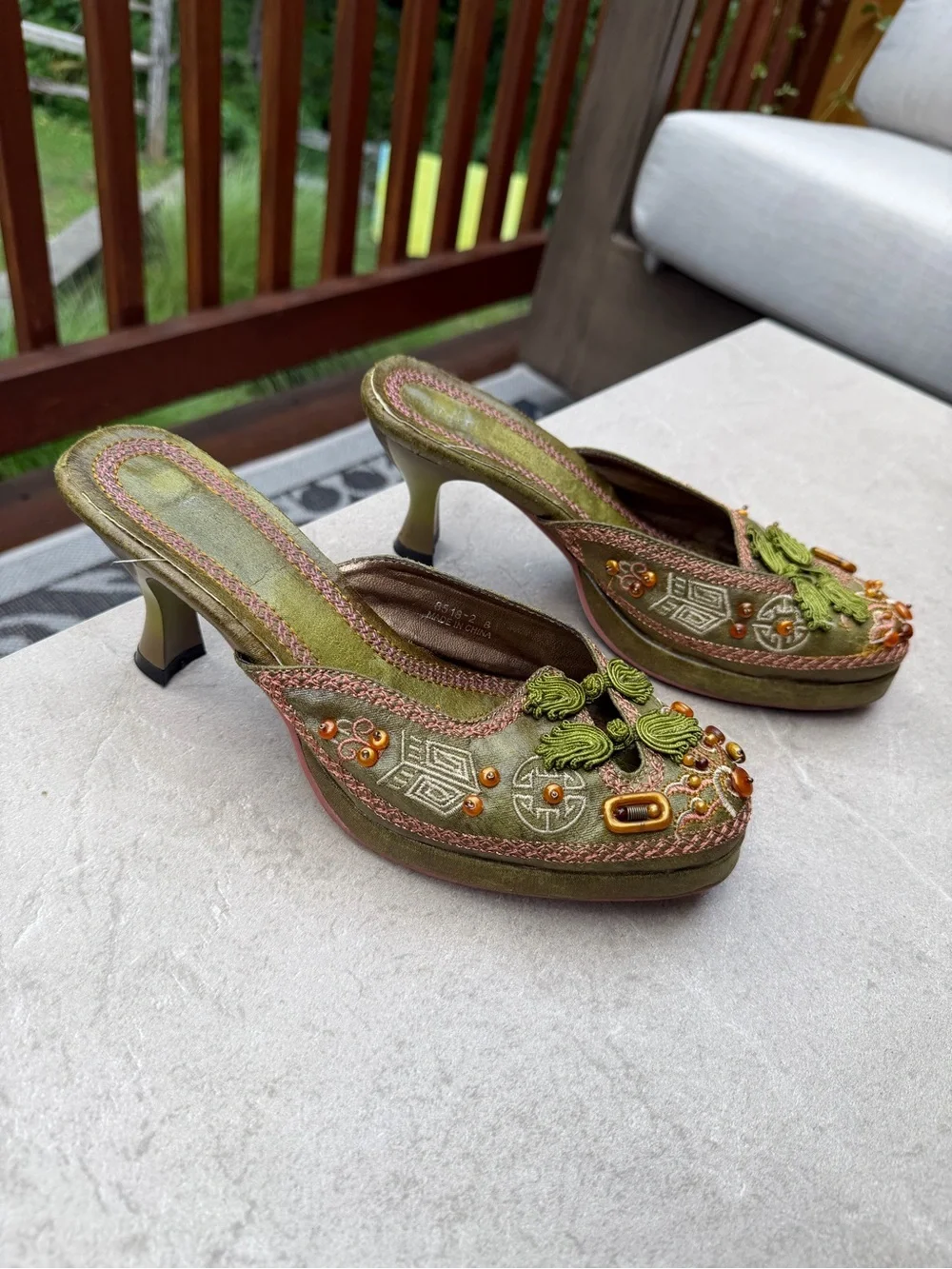 Vintage 90s Y2K Whimsigoth Beaded Embroidered Kitten Heel Mules